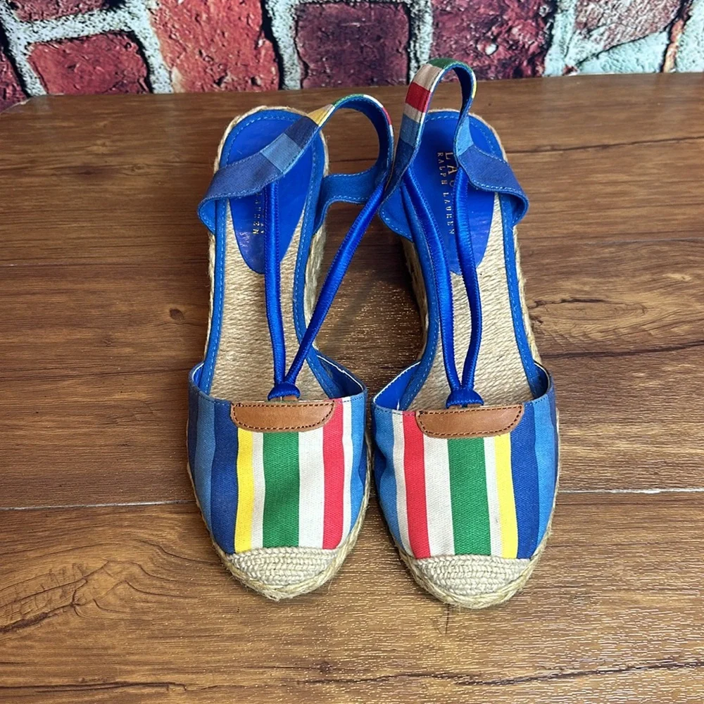 Ralph Lauren Cala Espadrille Sandals Wedge Blue Multi Striped size 8 S
